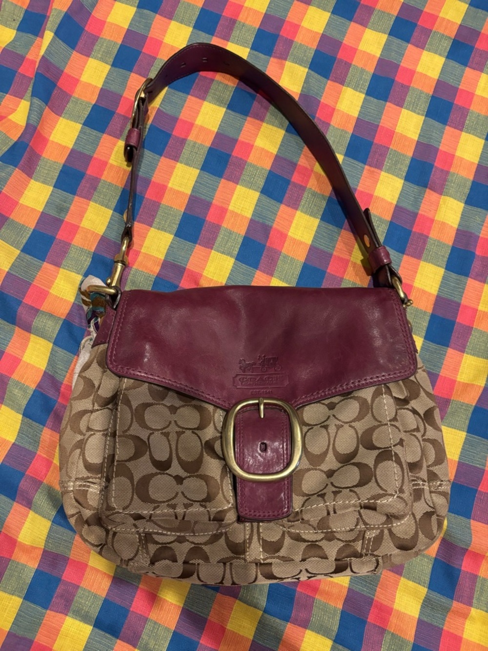 Coach Brown Signature Canvas Shoulder Bag with Purple Trim